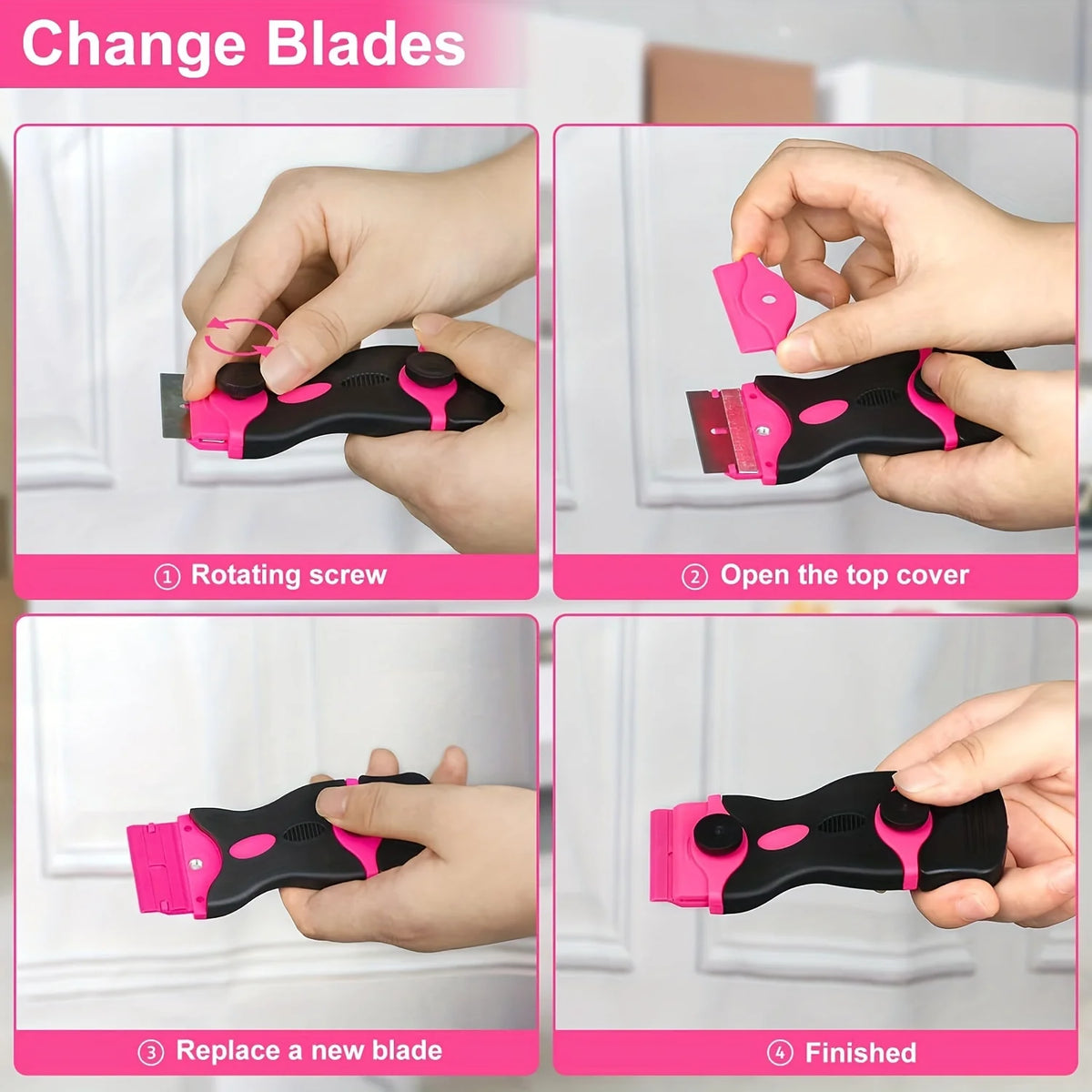 A four-step guide showing how to change blades on a silicone adhesive removal scraper set.