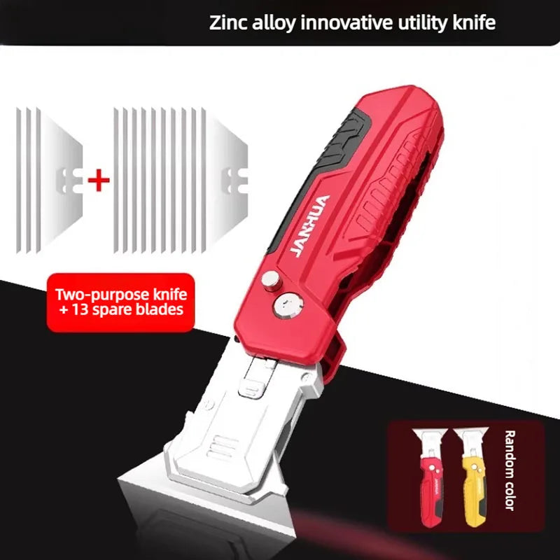 Red Zinc alloy innovative utility knife with a blade and spare blades shown on a dark background
