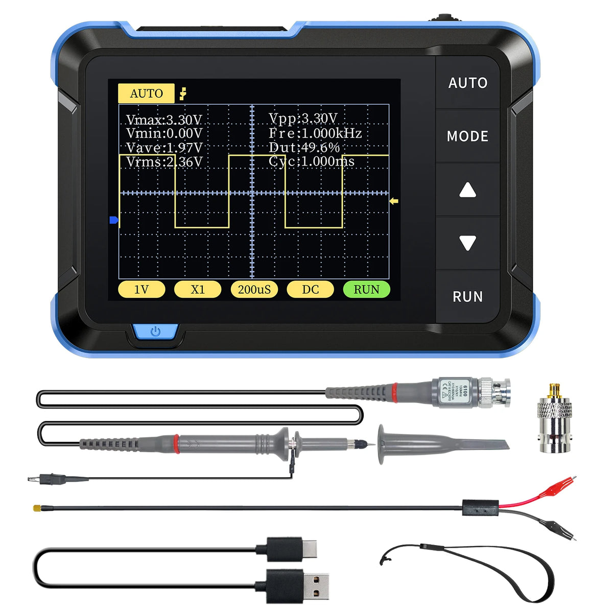 A mini handheld digital oscilloscope with various cables and probes for testing.