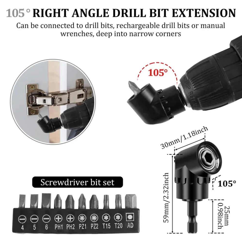 A set of 105 degree right angle drill bit extensions and screwdriver bits for drilling into narrow corners.