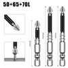 A set of three precision magnetic drill bits with sizes 50, 65, and 70 long.