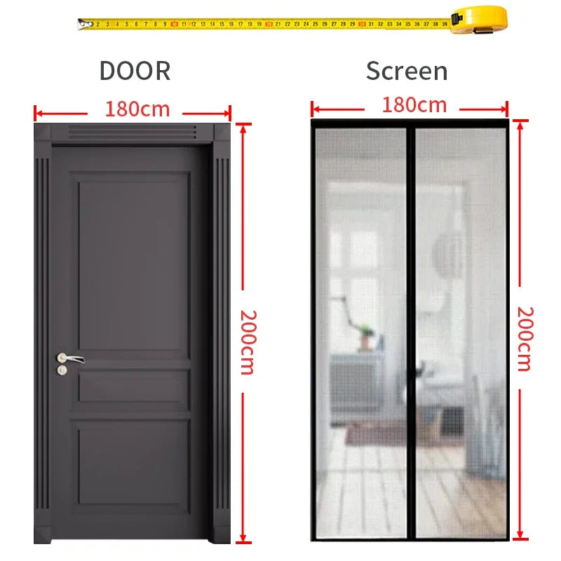 A pair of magnetic door screens shown next to a ruler, illustrating their size and function for mosquito and fly protection.