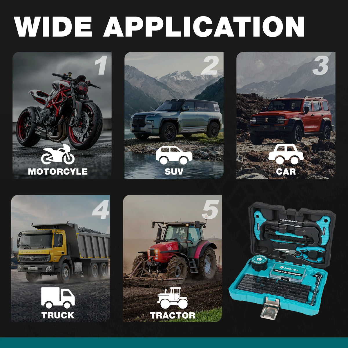 Cinq véhicules (moto, SUV, voiture, camion, tracteur) illustrant le kit de réparation de pneus tout-terrain.