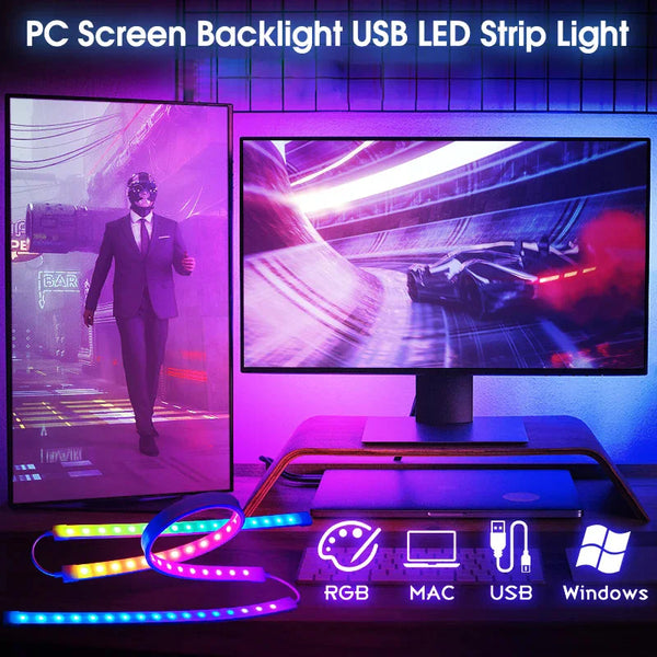 An RGB LED strip light is shown illuminating a PC monitor and surrounding components like a laptop and keyboard.