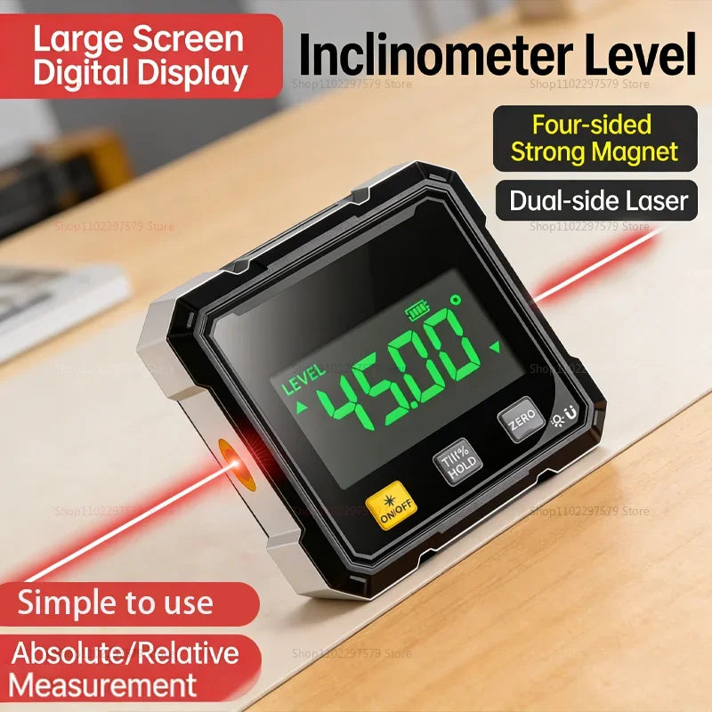 A black digital inclinometer level device is shown resting on a wooden surface with red measurement lines.