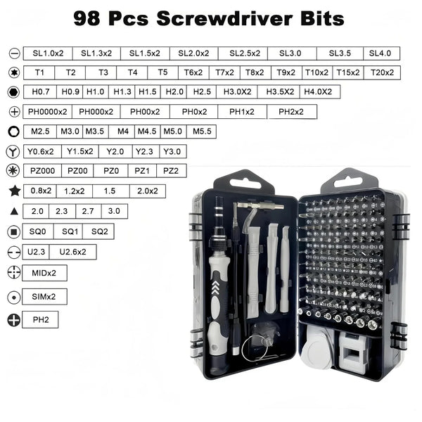 A black precision screwdriver repair kit featuring various sizes and types of screwdriver bits in a storage case.