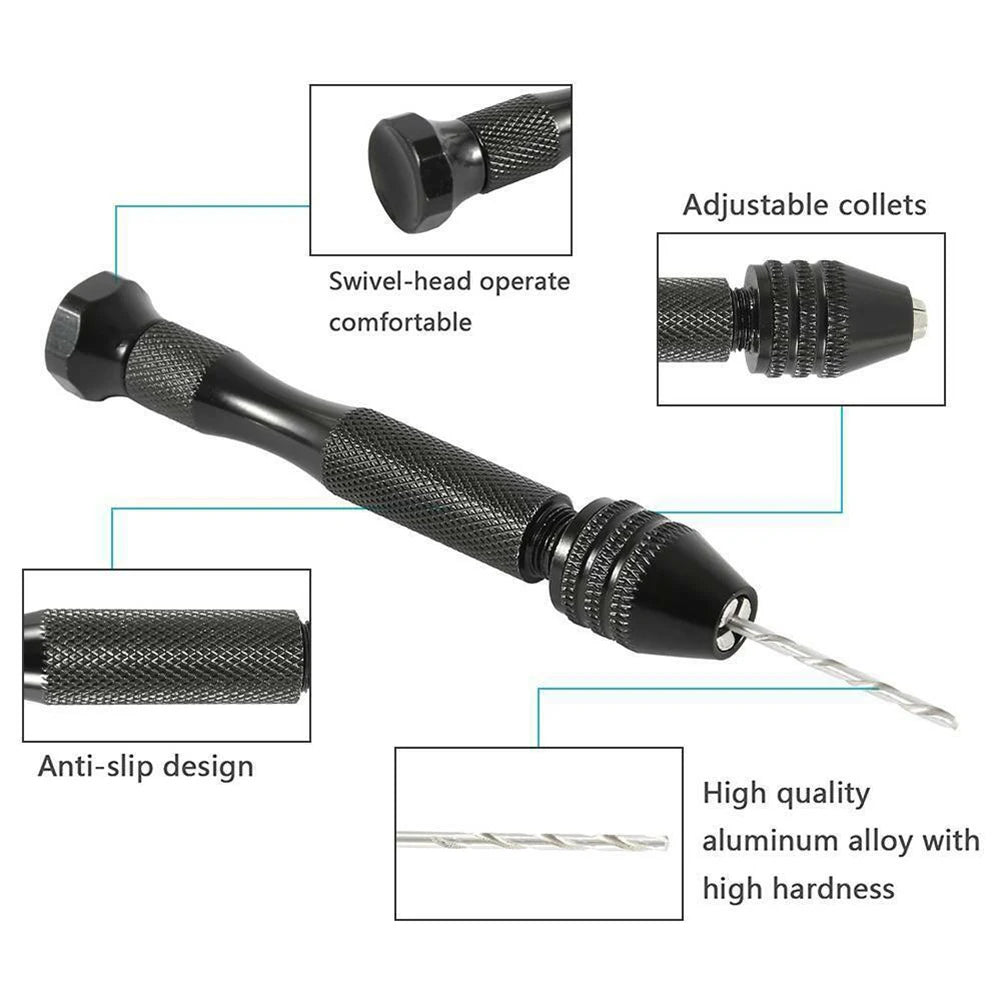 A precision micro drill bit set featuring swivel-head operable collets and an anti-slip design for high-quality aluminum allo