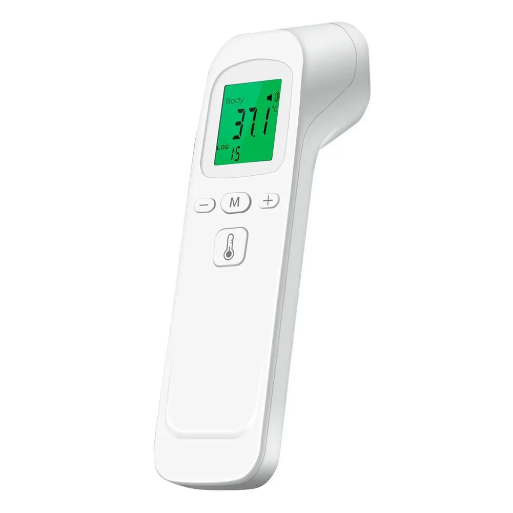 Thermomètre numérique infrarouge blanc sans contact avec écran vert et boutons de commande.