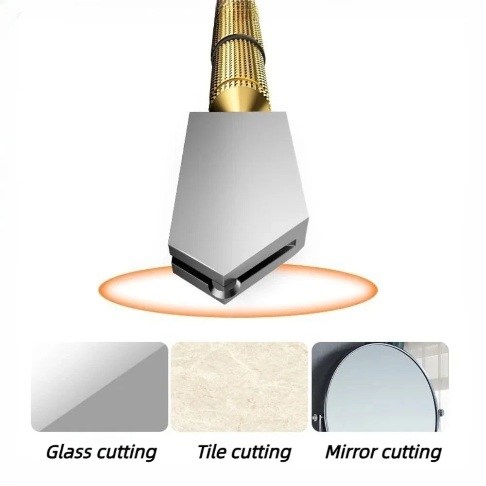 Outil de coupe en verre diamant portable avec pointe dorée et lame argentée, à côté d'exemples de verre, etc.