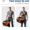 A man is shown carrying a heavy duty open top tool organizer bag on his shoulder and by hand.