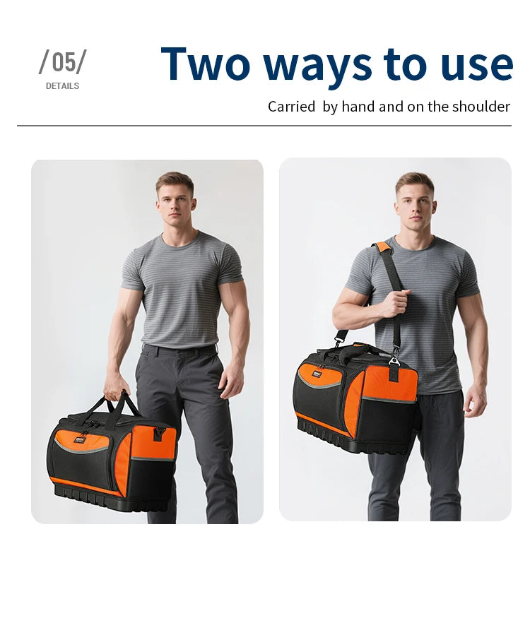 A man is shown carrying a heavy duty open top tool organizer bag on his shoulder and by hand.
