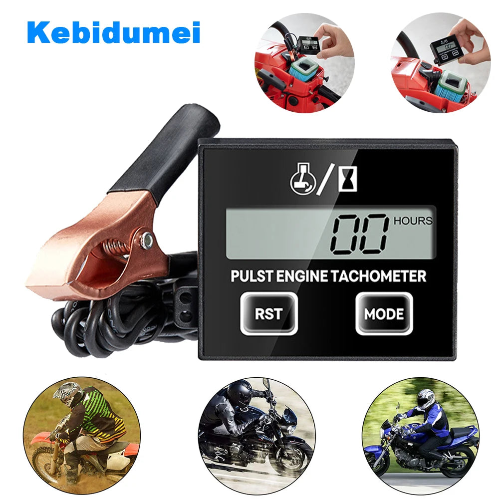 Tachomètre et compteur horaire digital avec clamp de montage et images de motos.