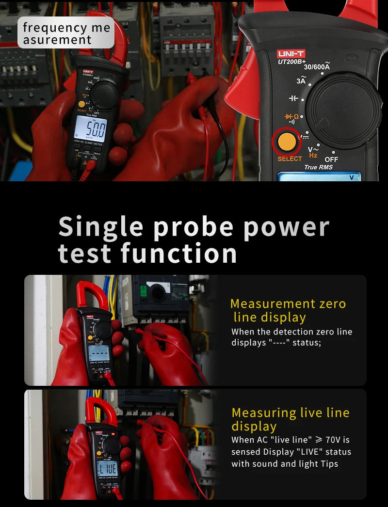 A digital clamp meter is shown with a probe testing function and a zero line display, alongside a measuring live line display