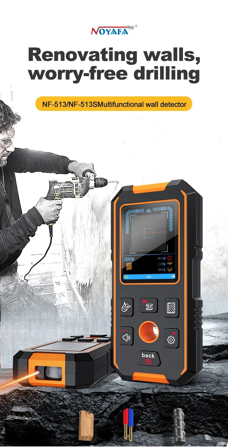 A handheld multifunctional wall detector in orange and black is shown being used to detect walls for renovation.