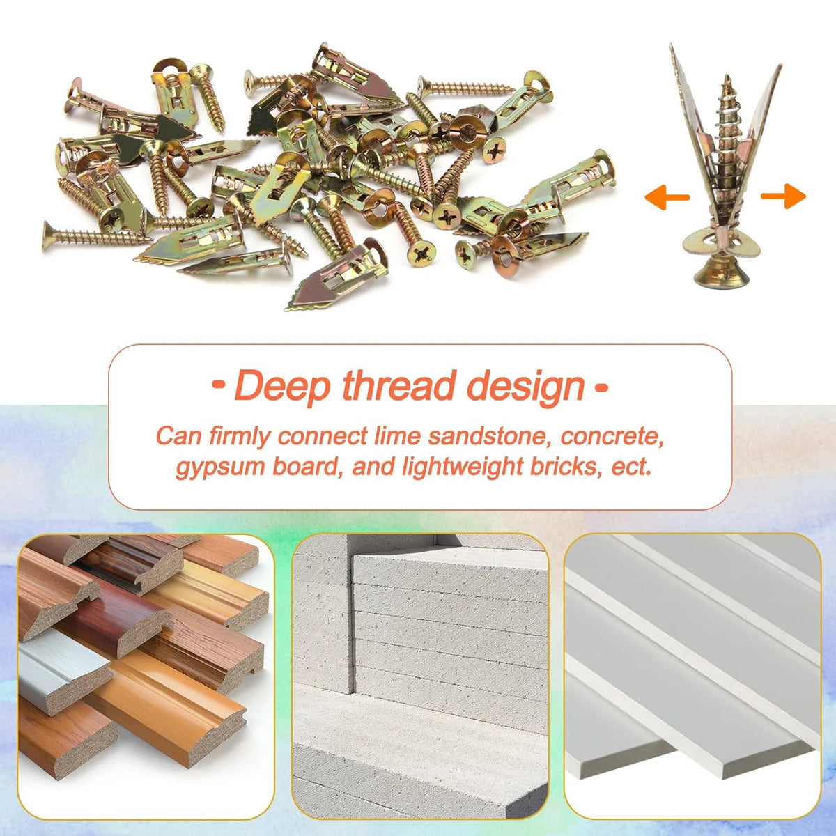 A set of self-drilling drywall anchors and screws used for connecting materials like sandstone, concrete, and lightweight bri