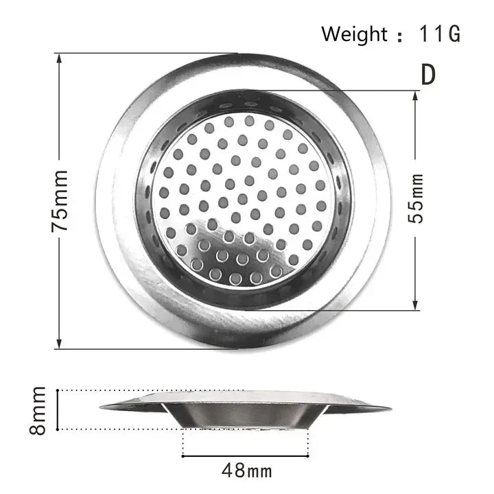 Stainless steel sink strainer drain filter mesh with a 11g weight and dimensions of 75mm by 55mm.