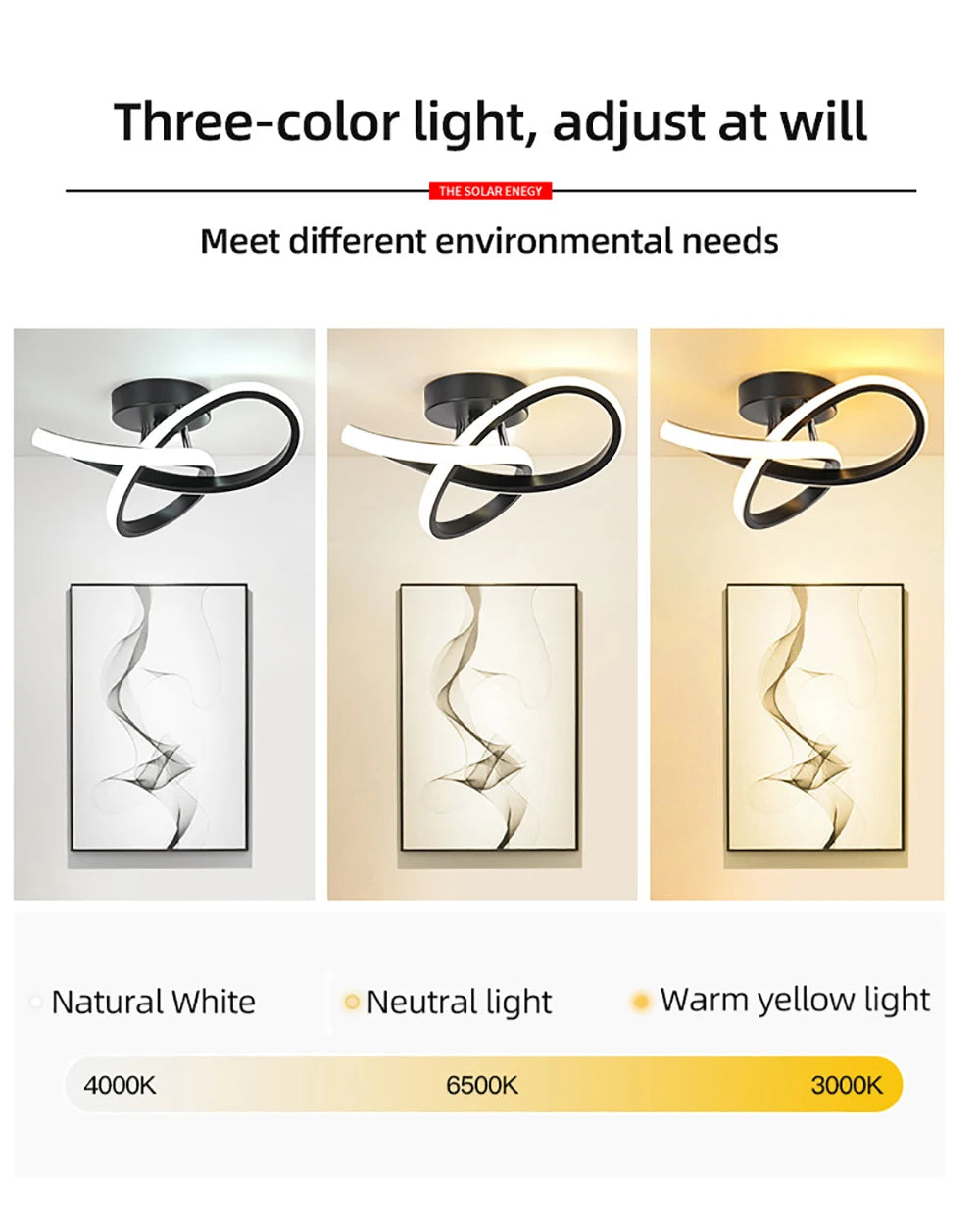 Three-color light fixture showing natural white, neutral light, and warm yellow light options.