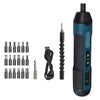 A black cordless electric screwdriver set with a teal grip and various screwdriver bits.