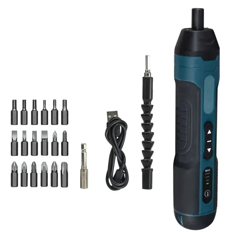 A black cordless electric screwdriver set with a teal grip and various screwdriver bits.