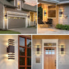 Eine Sammlung moderner dimmbarer LED-Wandleuchten, installiert an der Außenfassade und Eingangsbereich eines Hauses.