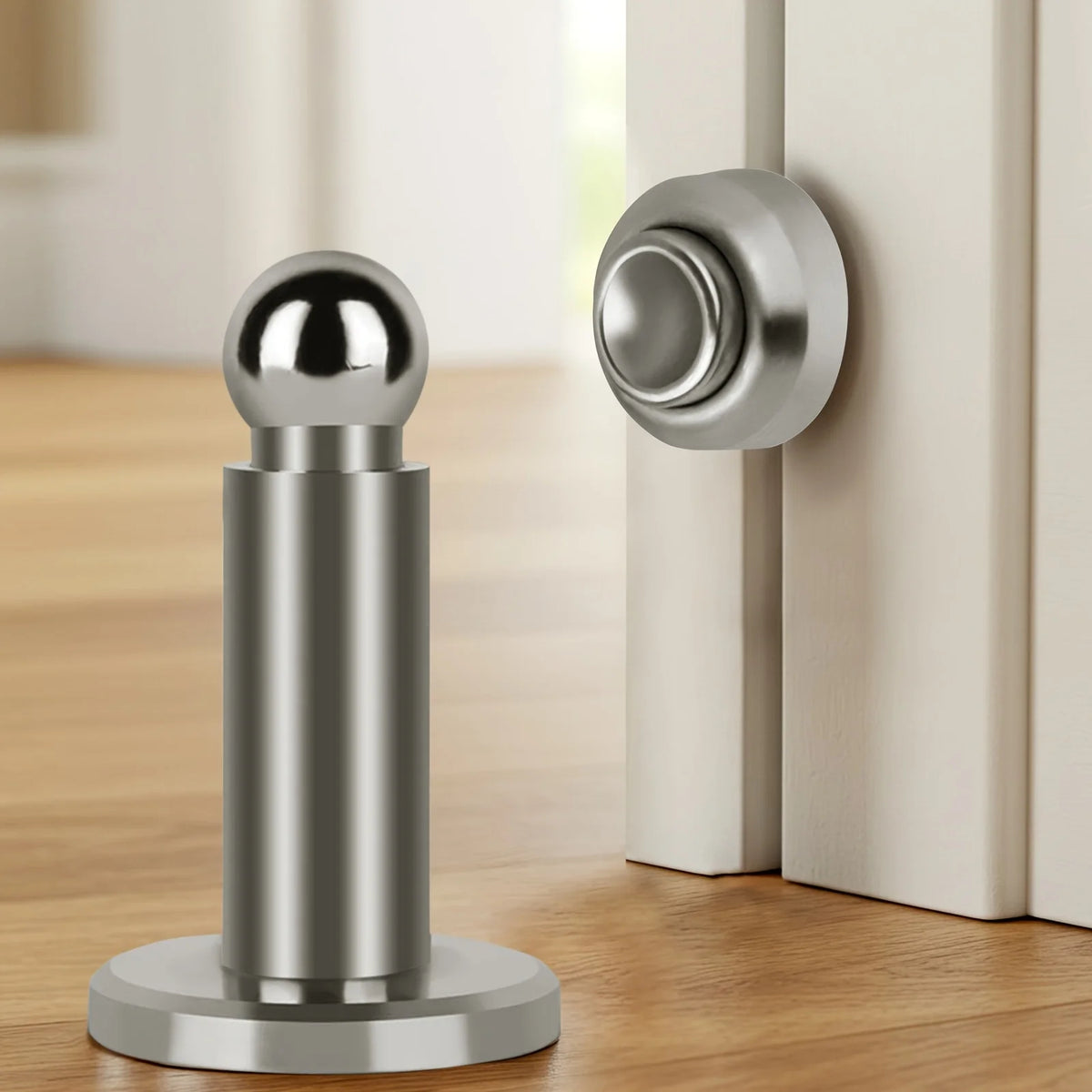 A silver magnetic door stopper with a spherical knob mounted on a cylindrical base, shown next to a white door frame.