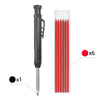 A set of precision carpenter pencils with six red refills shown next to the complete pencil.