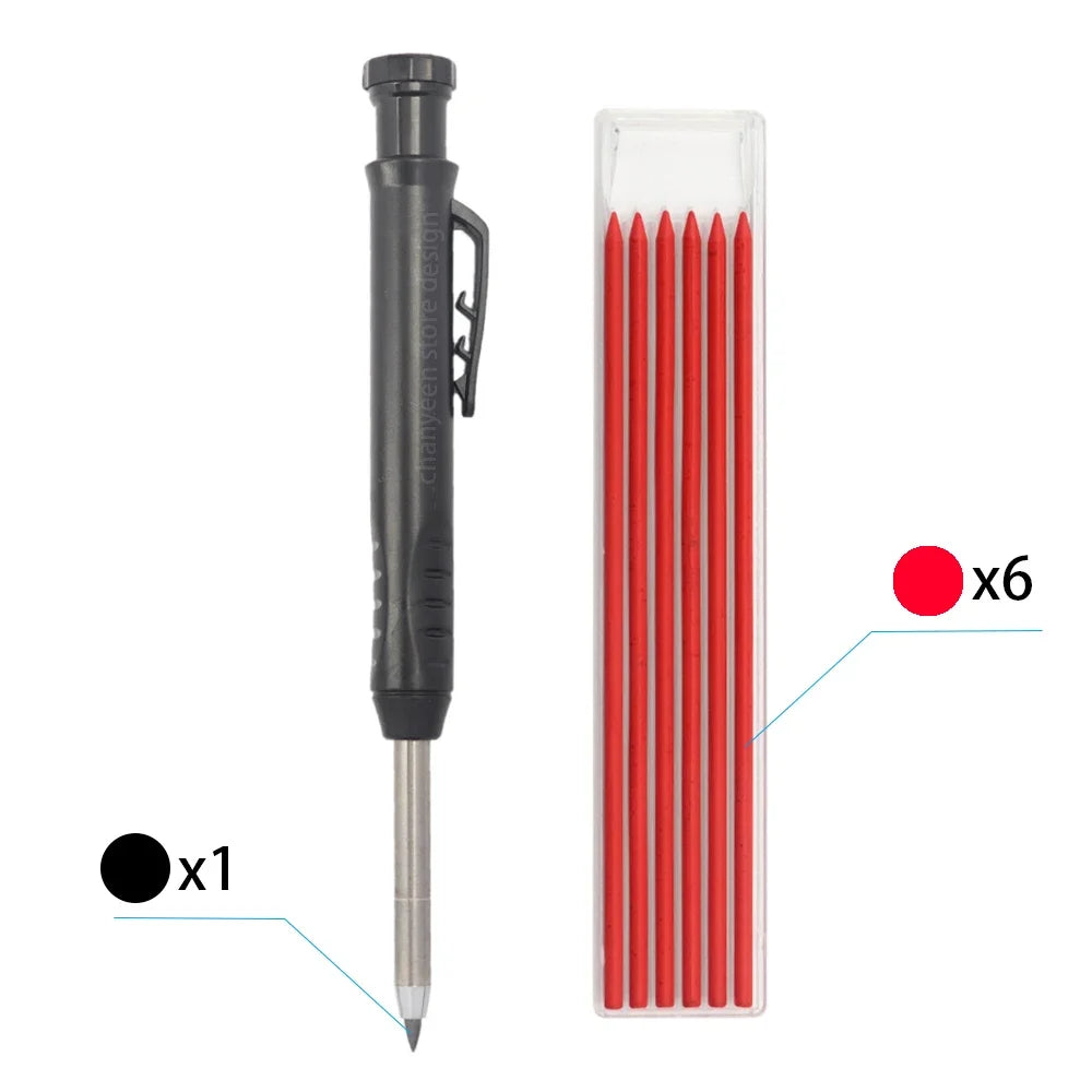 A set of precision carpenter pencils with six red refills shown next to the complete pencil.