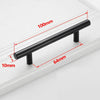 A black stainless steel T-bar cabinet handle with dimensions marked for installation.