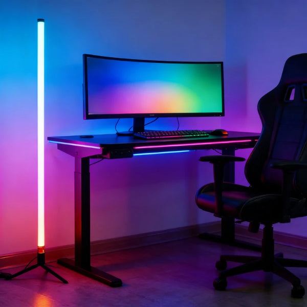 A computer setup featuring a monitor, keyboard, and desk illuminated by vibrant RGB accent lighting.