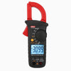 A red and black digital clamp meter with a handle, displaying a True RMS reading of 3.099 amps.
