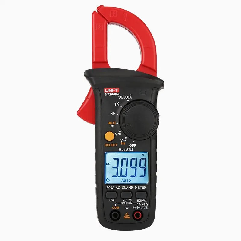 A red and black digital clamp meter with a handle, displaying a True RMS reading of 3.099 amps.
