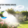 An elderly woman sprays plants outdoors using a 2 gallon battery-powered sprayer with three spray force modes.
