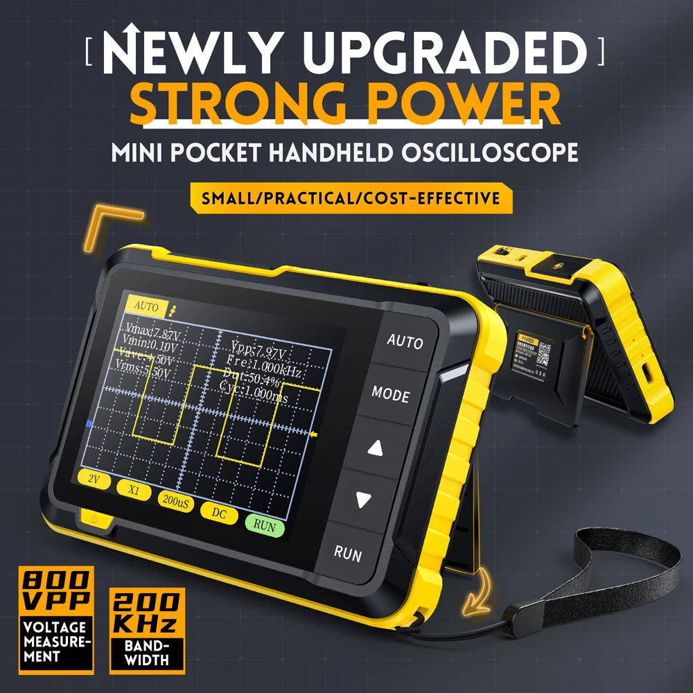 A yellow mini pocket handheld oscilloscope with a black case and strap is shown against a dark background.