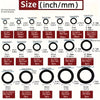 A chart showing various sizes of O-rings in inches and millimeters, with corresponding inner and outer diameters.