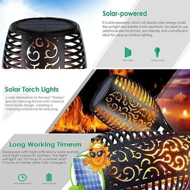 A black solar torch light with decorative swirling patterns, designed for outdoor lighting.