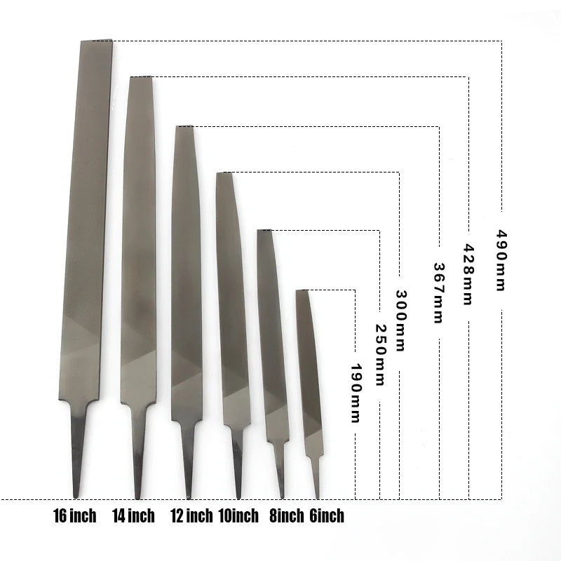 A set of flat files in various sizes ranging from 6 inch to 16 inch, shown with corresponding measurements.
