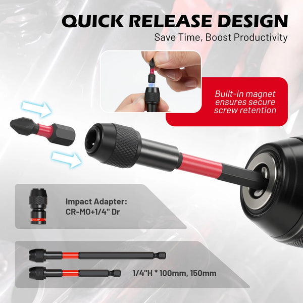 A set of impact socket adapters for drills and drivers, including various sizes and a built-in magnet for secure screw retent