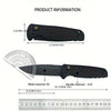A black folding utility knife with a D2 blade and G10 handle shown in various dimensions.