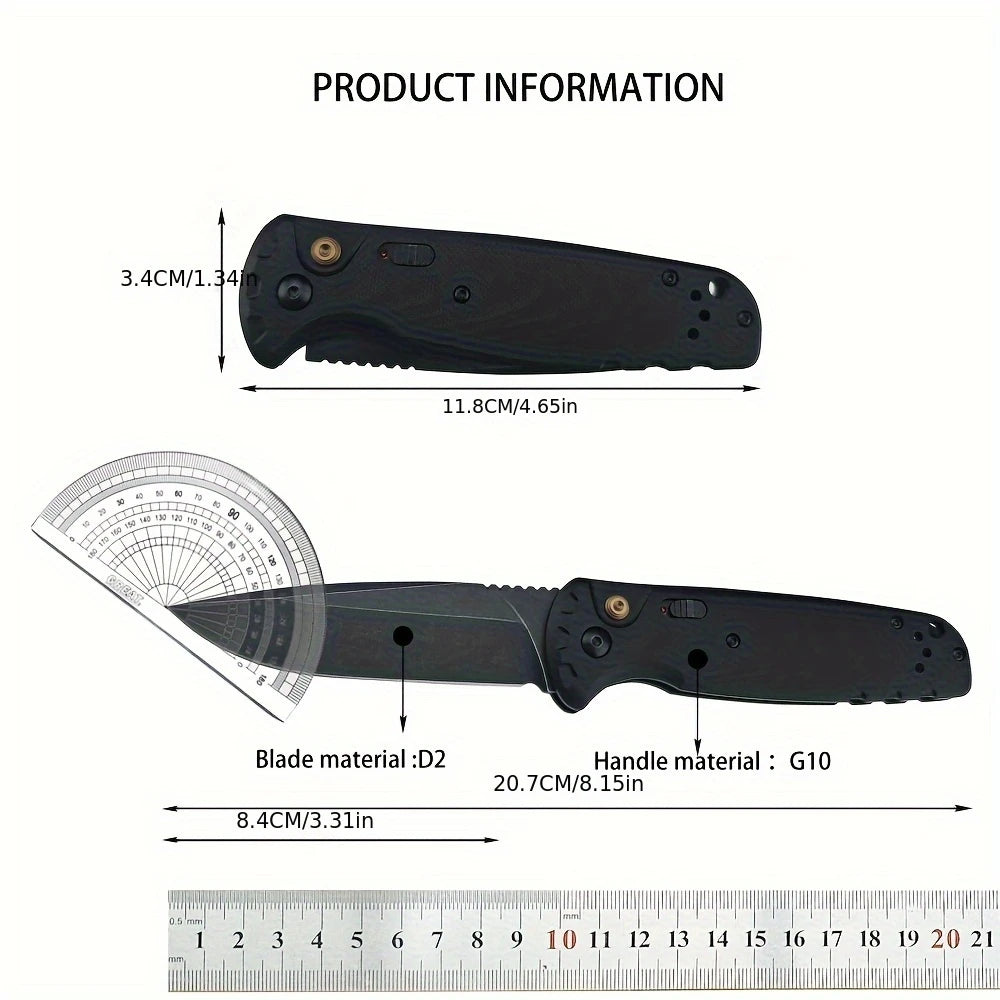A black folding utility knife with a D2 blade and G10 handle shown in various dimensions.