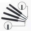 A set of black precision gunsmithing punch tools shown with magnified views of the tips.