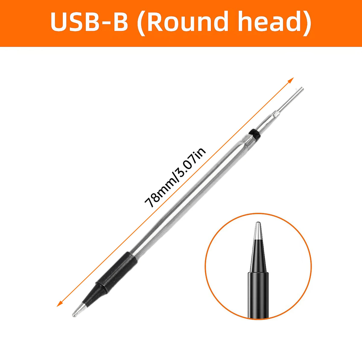 A silver digital soldering iron with a round head and a long shaft shown in a diagonal view.