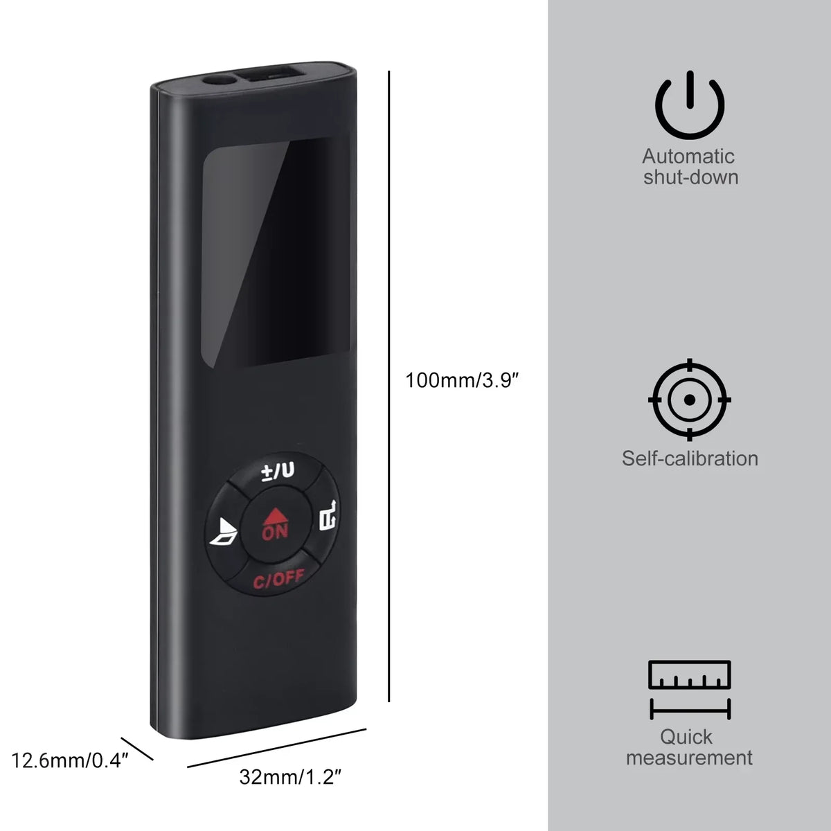 A black precision laser measuring tool with an on/off switch and self-calibration features.
