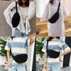 A woman models a black linen crossbody waist bag with white and blue striped shirts and denim shorts.
