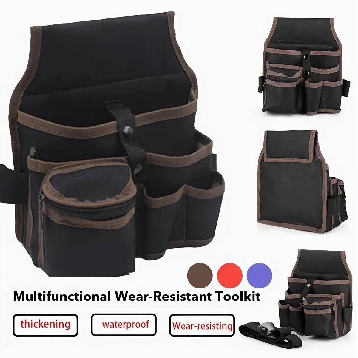 A black and brown multifunctional wear-resistant tool kit featuring multiple pockets and compartments.