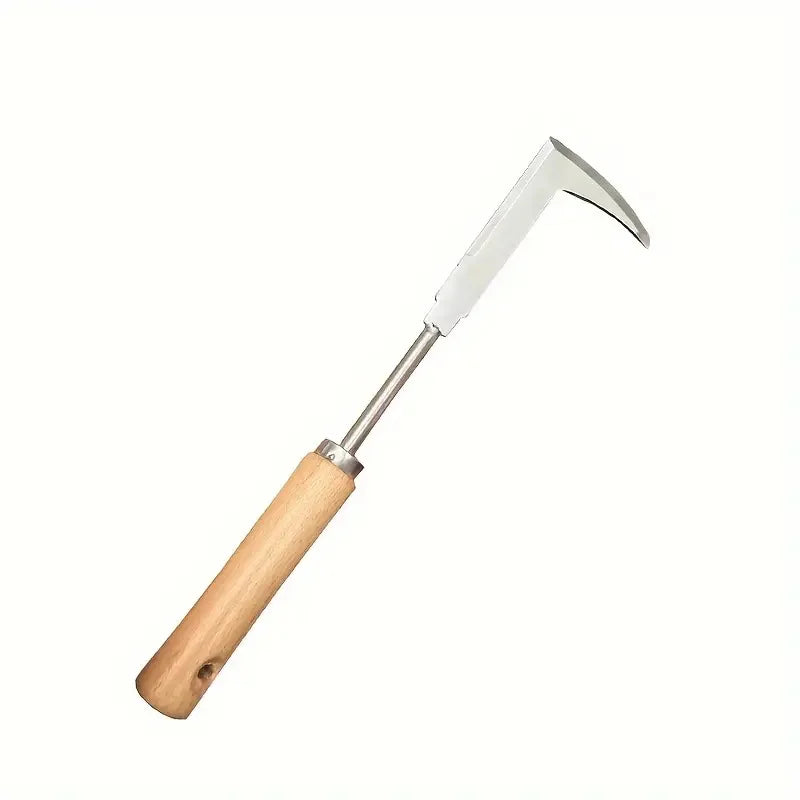 Herramienta de desmalezado en forma de L de acero inoxidable con mango de madera.