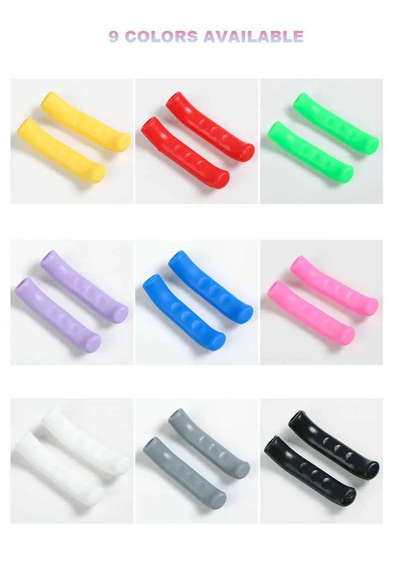 Nine colored silicone brake lever protector covers displayed in various shades including yellow, red, green, purple, blue, pi