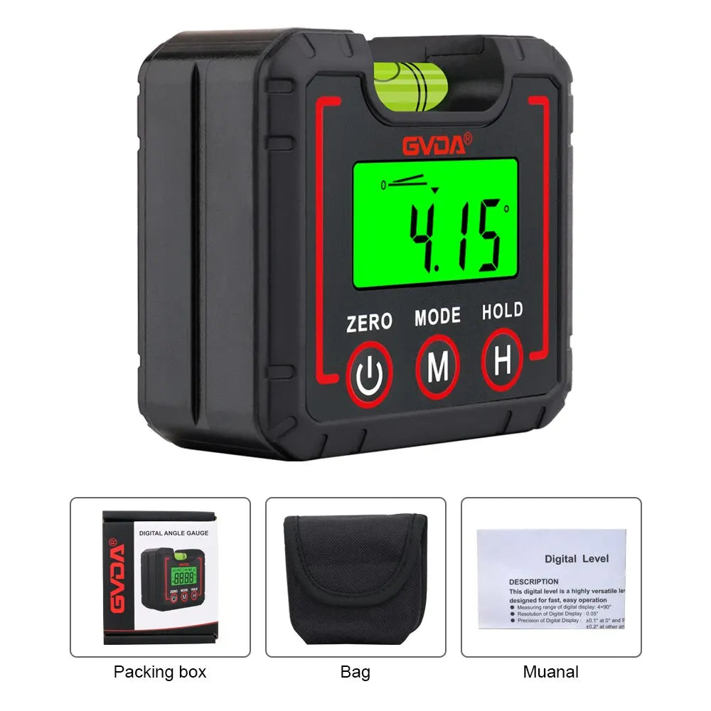 Black digital angle gauge and protractor leveler device with a green display
