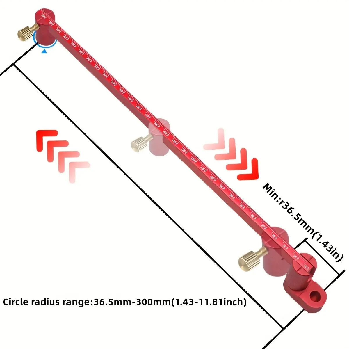 A precision drawing circle ruler showing a 300mm scale and a radius range from 36.5mm to 300mm.
