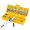 A yellow plastic box containing a set of multi-function countersunk drill bit screwdrivers and a large screwdriver.