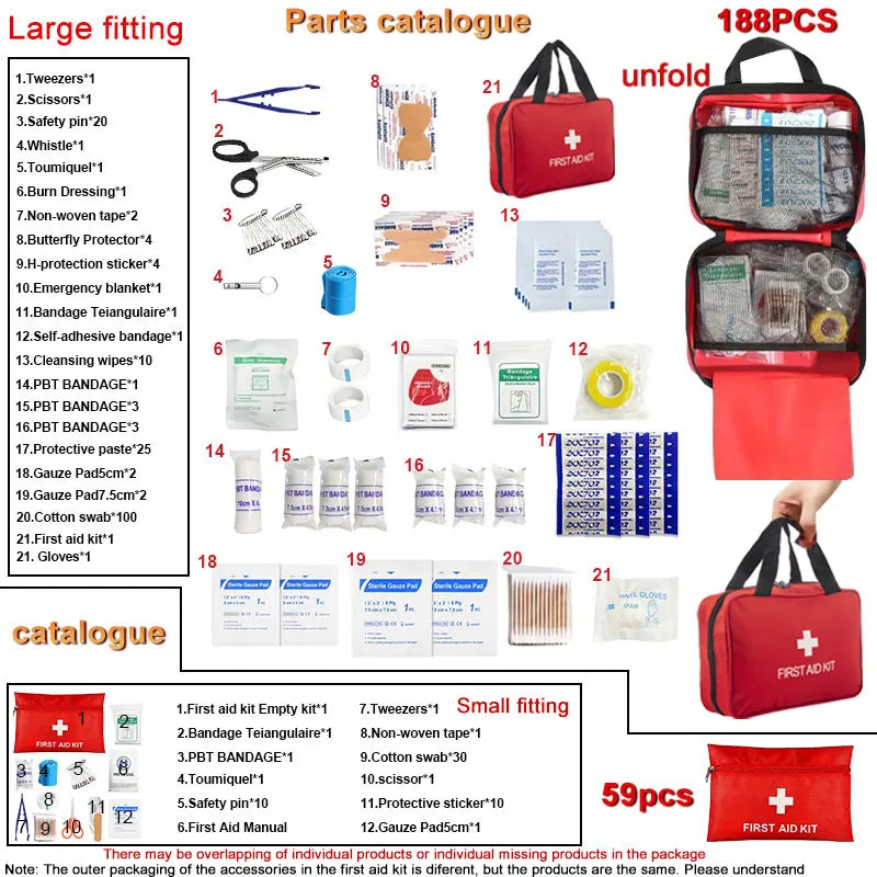 Parts catalogue for a large fitting emergency first aid kit including tweezers bandages and other medical supplies